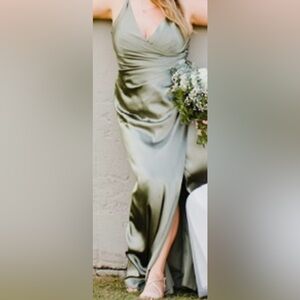 Size 14 - Lina Olive Green Satin V-Neck Slit Bridesmaid Dress